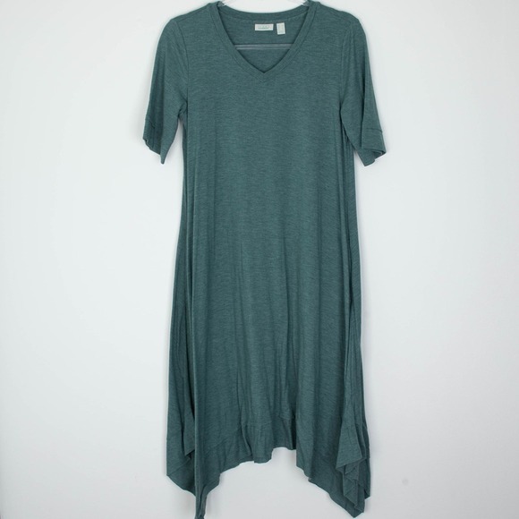 LOGO Lounge by Lori Goldstein Womens V Neck Asymmetric Midi Dress Size S Green - Picture 1 of 9